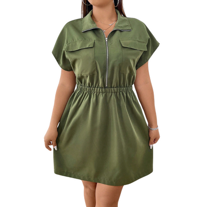 Vestido Cor Sólida Plus Size  Zíper Manga Morcego Elástico Cintura