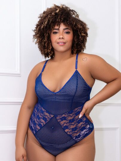 Melô Body Lingerie Plus Size com Arrastão e Renda Sem Bojo