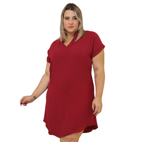 Vestido Curto liso Plus Size Manga Curta Gola V