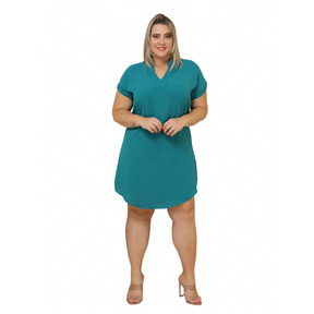 Vestido Curto liso Plus Size Manga Curta Gola V