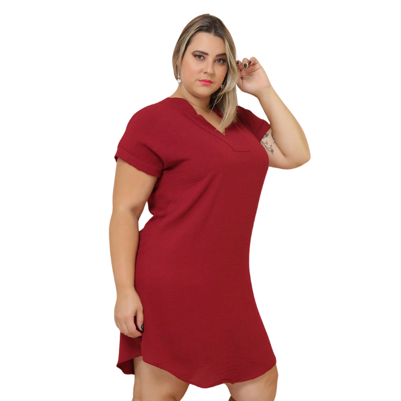 Vestido Curto liso Plus Size Manga Curta Gola V