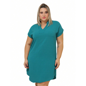 Vestido Curto liso Plus Size Manga Curta Gola V