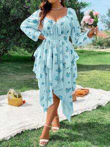 Vestido  Floral Frente Assimétrica Plus Size