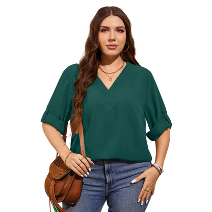 Camisa Plus Size Decote em V Mangas Reguláveis