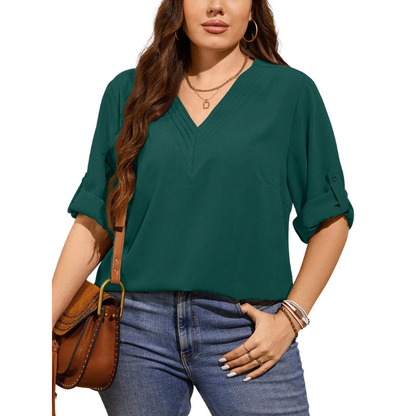 Camisa Plus Size Decote em V Mangas Reguláveis
