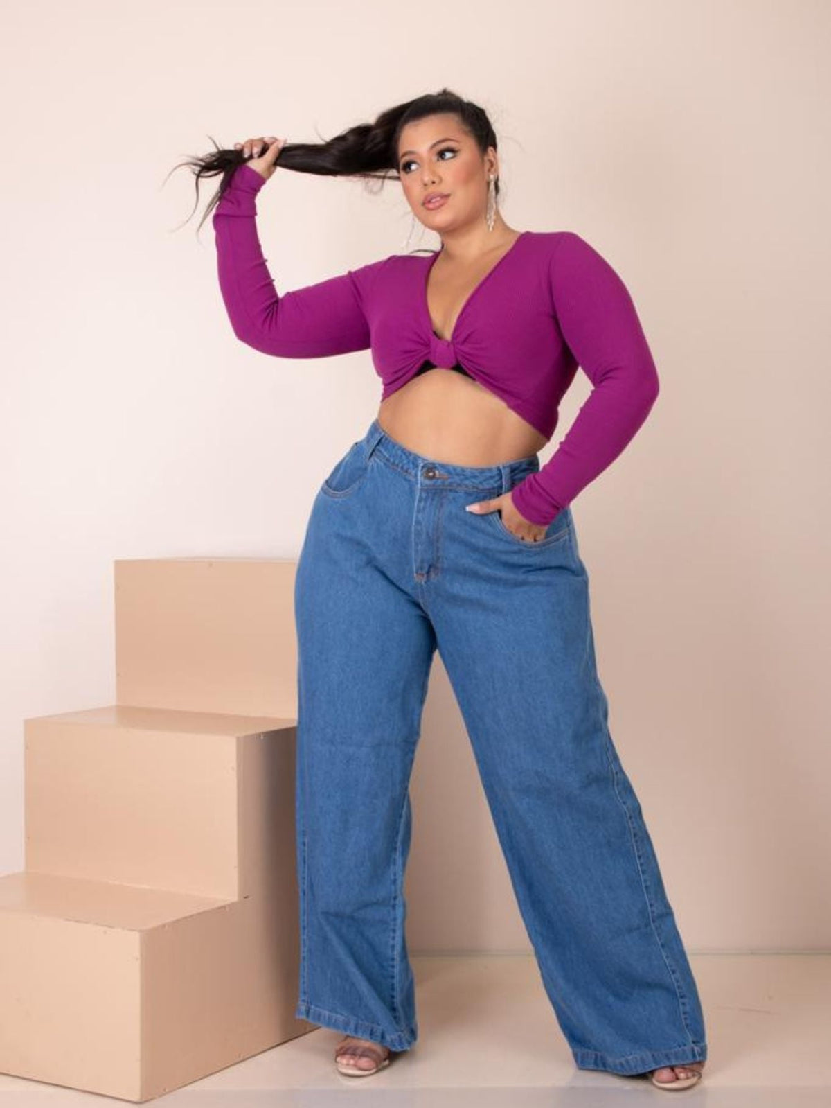 Calça Jeans Pantalona Perna Larga Plus Size