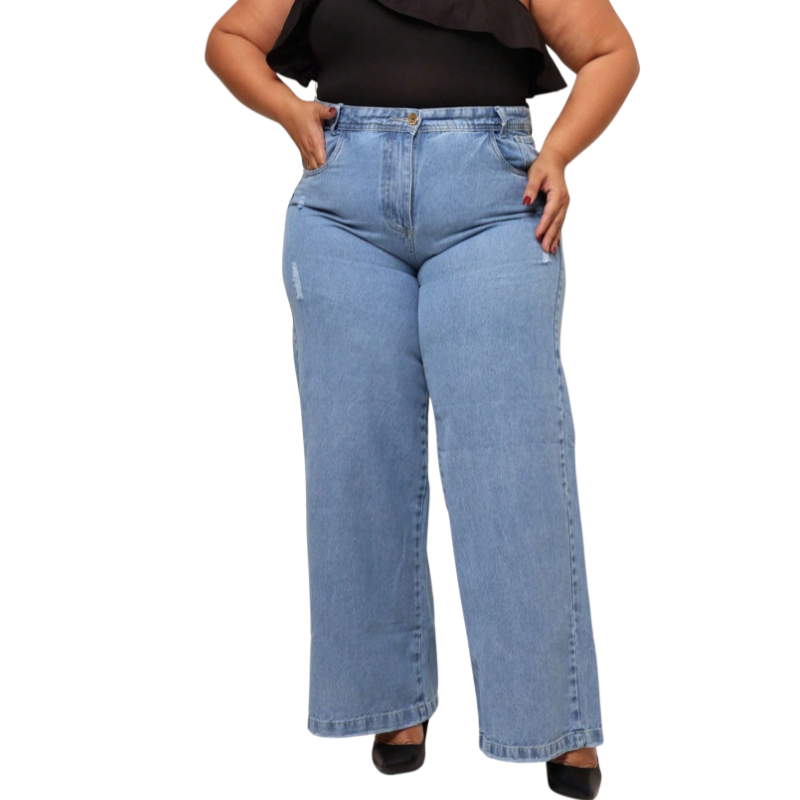 Calça Jeans Plus Size  Azul Claro Rasgadinha