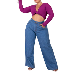 Calça Jeans Pantalona Perna Larga Plus Size