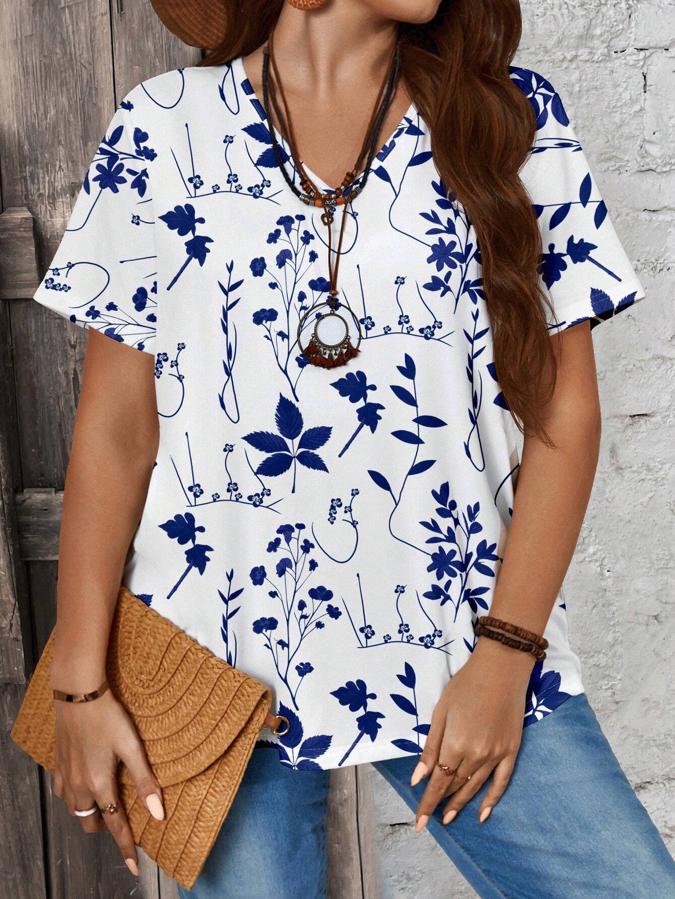Blusa Plus Size Blue Cut Bloom