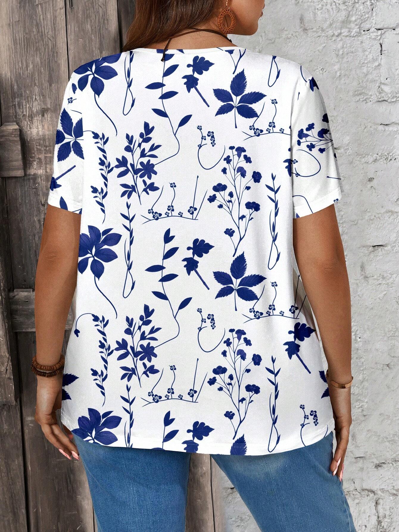 Blusa Plus Size Blue Cut Bloom