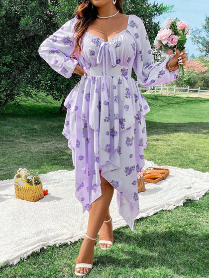 Vestido  Floral Frente Assimétrica Plus Size