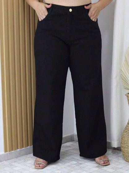 Calça Jeans Feminina Perna Larga Plus Size  Retrô Blogueira